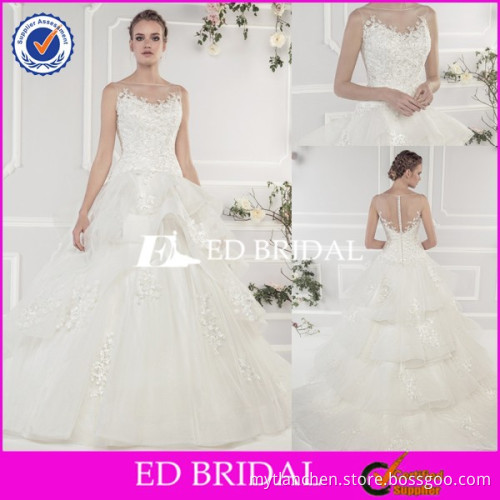CE854 New Collection Round Neck Sheer Back Puffy Layers Train Vintage Wedding Gown